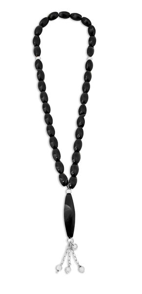 Black Rhodium Plated Silver Long Smooth Ellipse Onyx Worry Beads