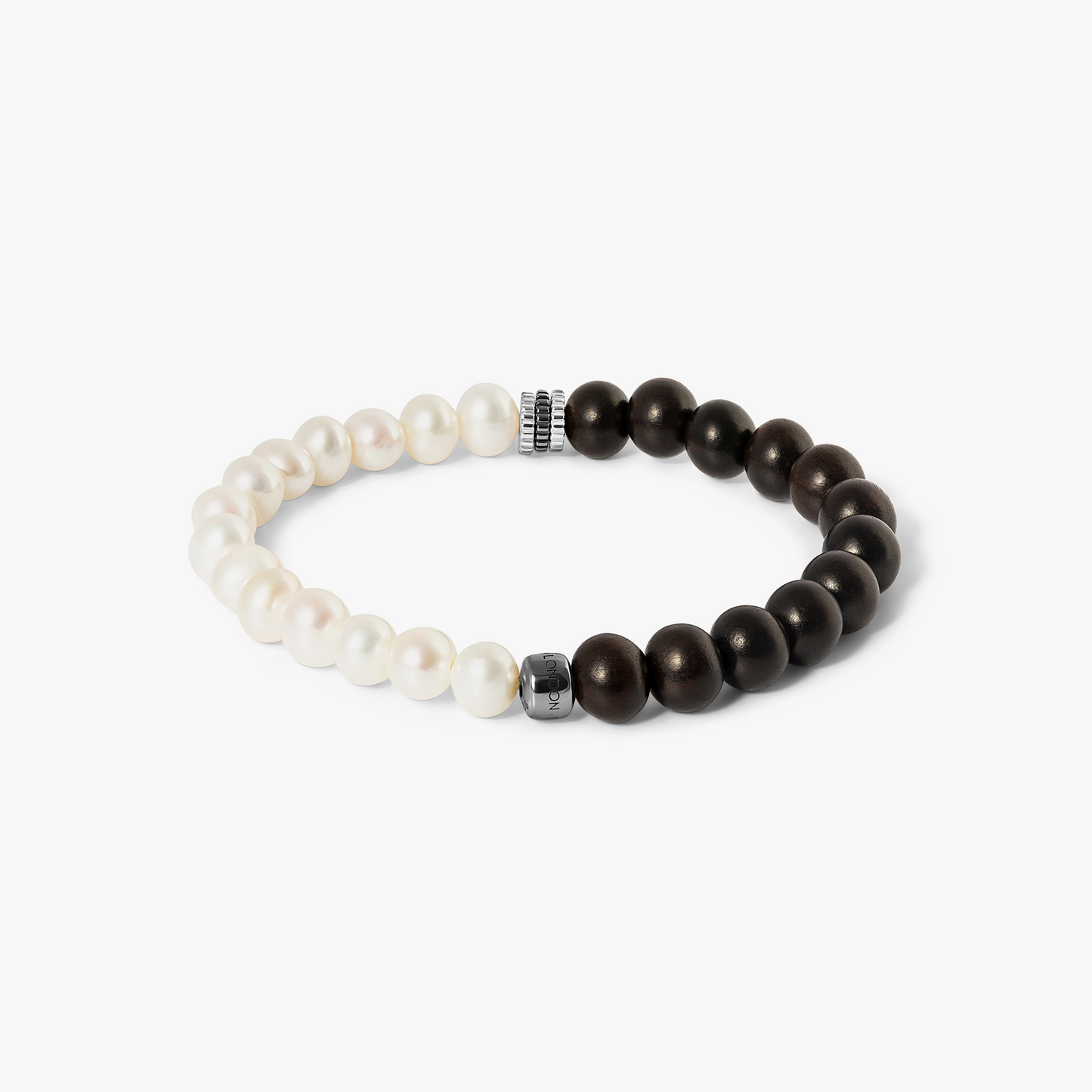Gear Trio Semi - Precious Bracelet In Ruthenium Plated Silver With Wood Beads & White Pearls