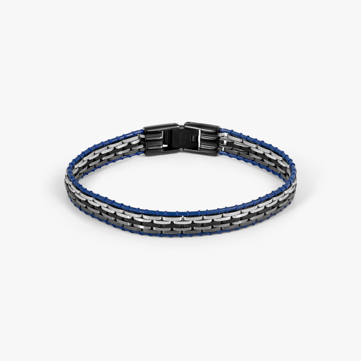Tessellate Bracelet In Black IP Plated Stainless Steel With Blue Leather