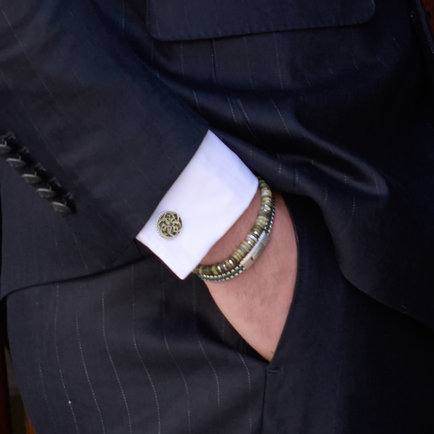 Rotating Trinity Cufflinks In Green Enamel With Swarovski Crystals