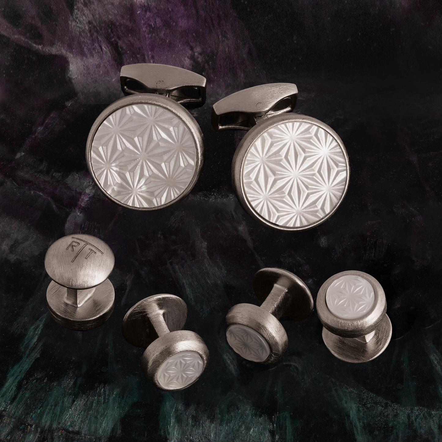 Asanoha Semi -Precious Cufflinks & Shirt Studs in White MOP & Palladium Plated