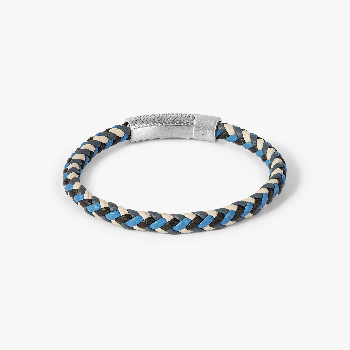 Herringbone Click Multi Pelle Bracelet In Rhodium Plated Sterling Silver With Blue Leather