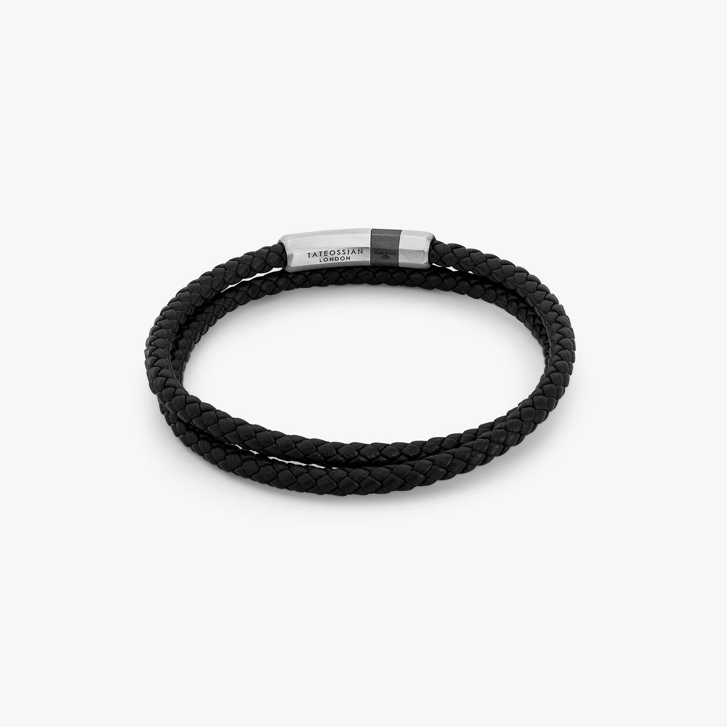 Octagon Click Pelle Bracelet In Ruthenium Plated Sterling Silver With Black Leather