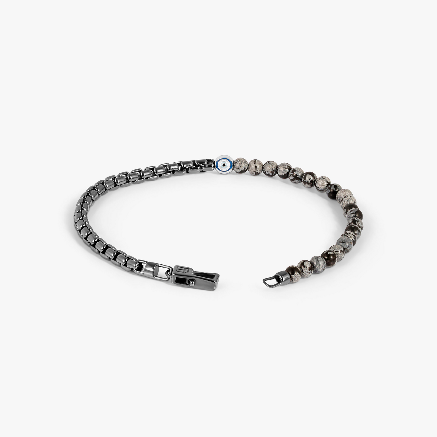 Sennit Box Evil Eye Bracelet In Rhodium Plated Sterling Silver With Snowflake Obsidian