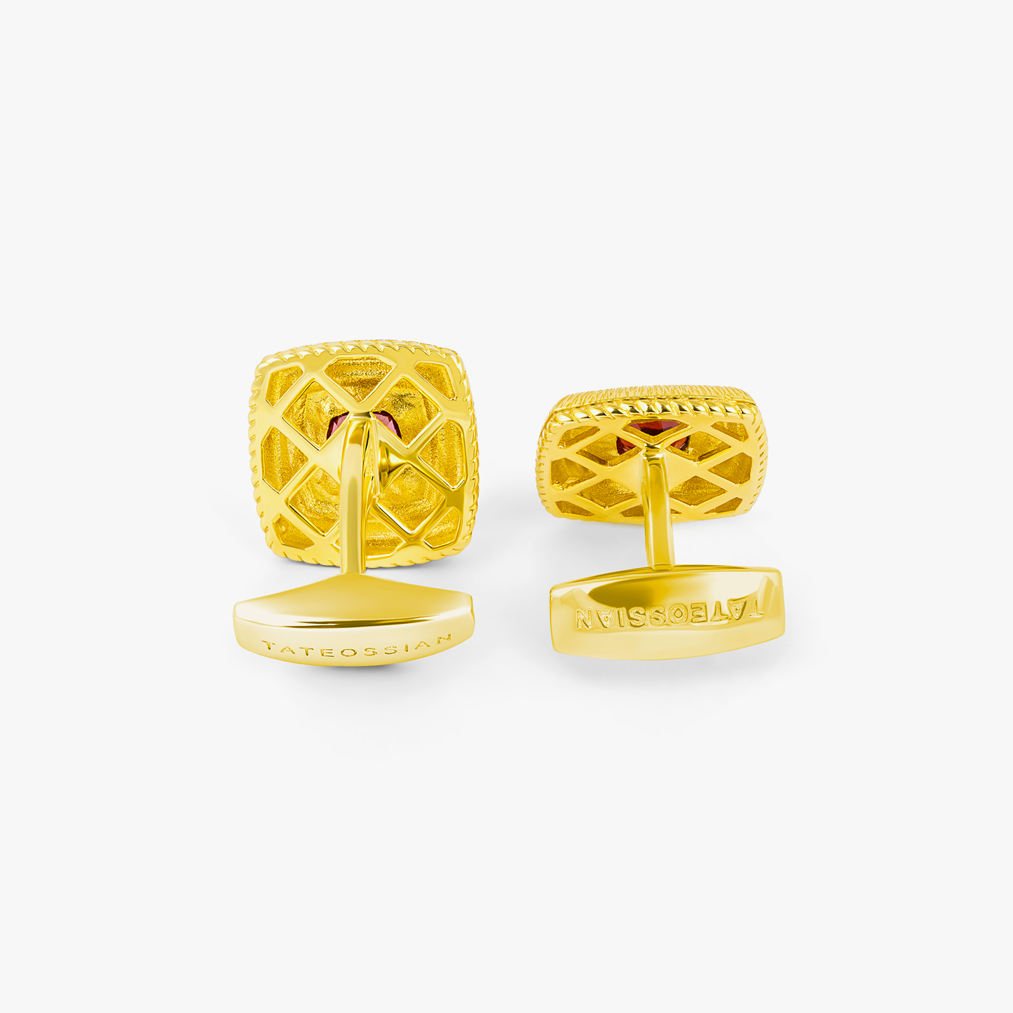 Graffiato Square Precious Cufflinks In Yellow Gold Plated Sterling Silver With Garnet