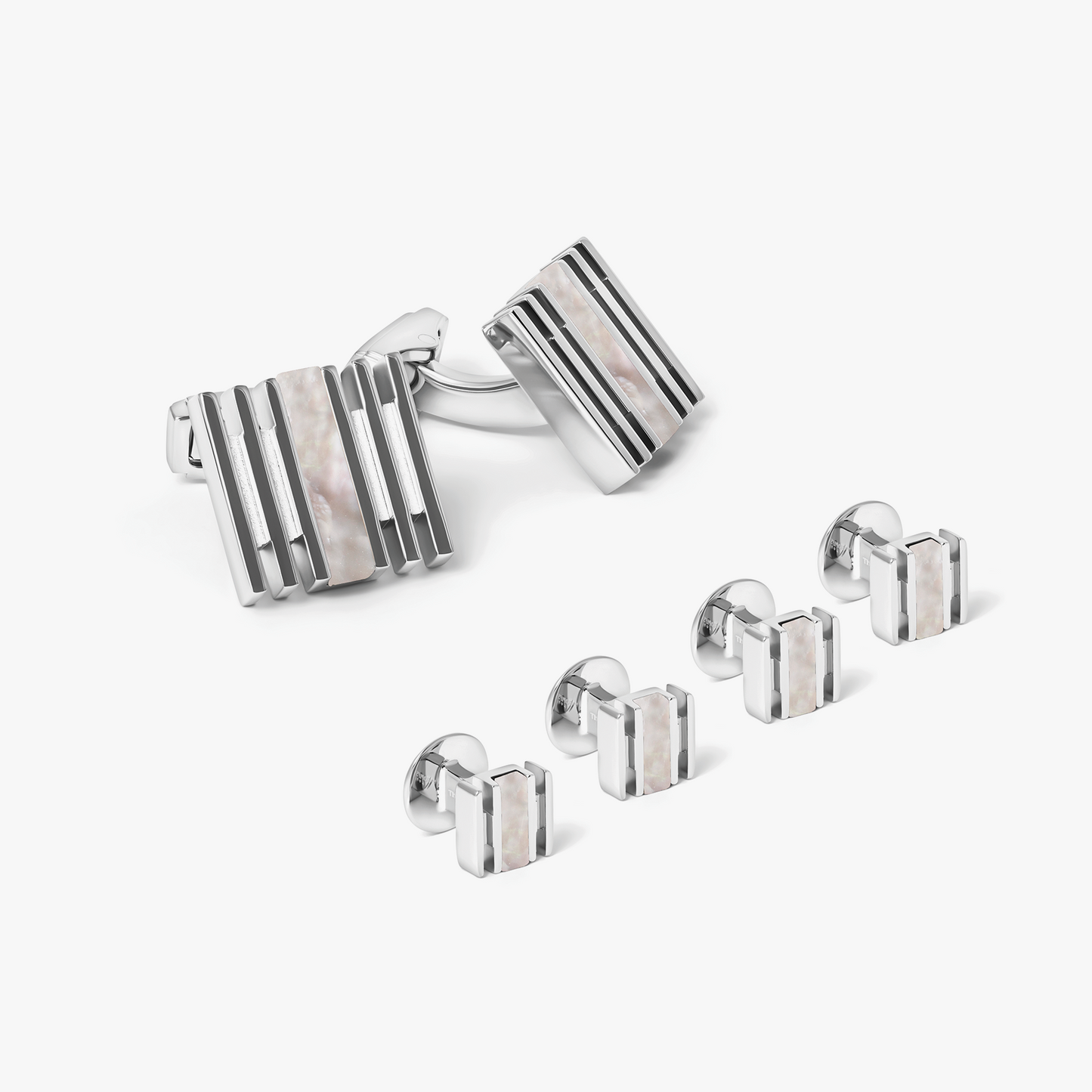 THOMPSON Summer Stripes Cufflink Stud Set In Palladium plated Base Metal With White Mother Of Pearl