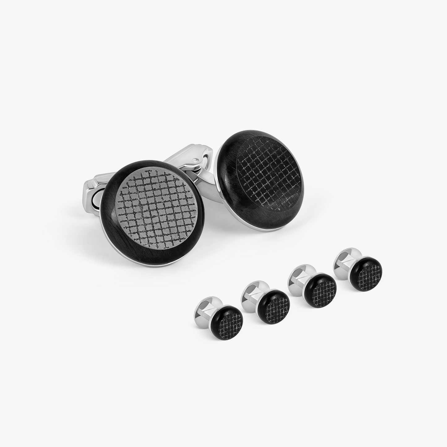 THOMPSON Woven Round Cufflink Stud Set In White Bronze plated Base Metal With Onyx