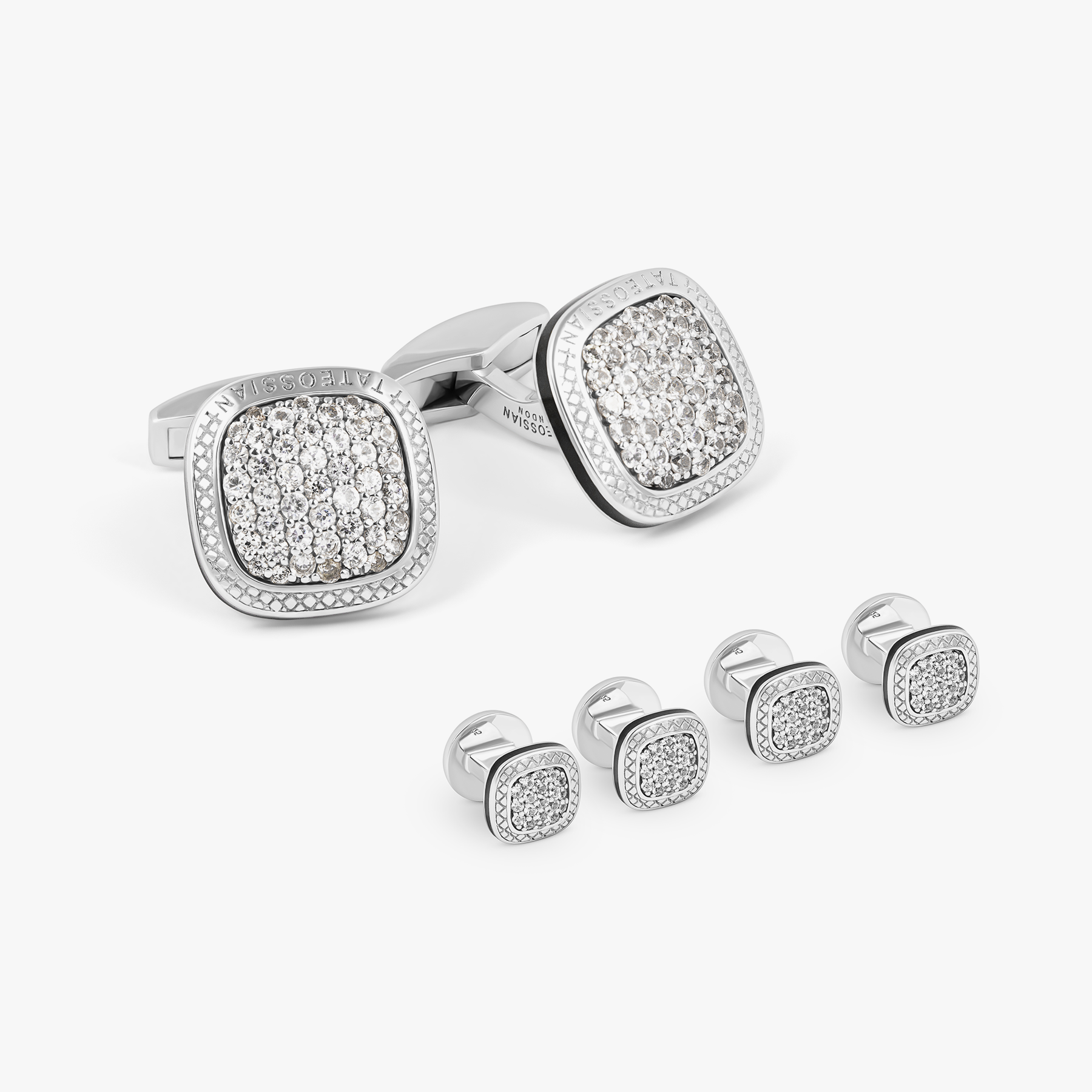 Signature Cufflinks & Dress Shirt Studs In Rhodium & White Sapphire Signature Cufflinks & Dress Shirt Studs In Rhodium & White Sapphire