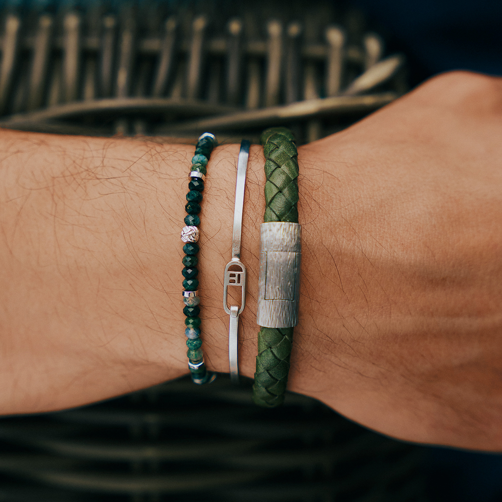 Leather bracelet for men with green Jade and sterling silver beads