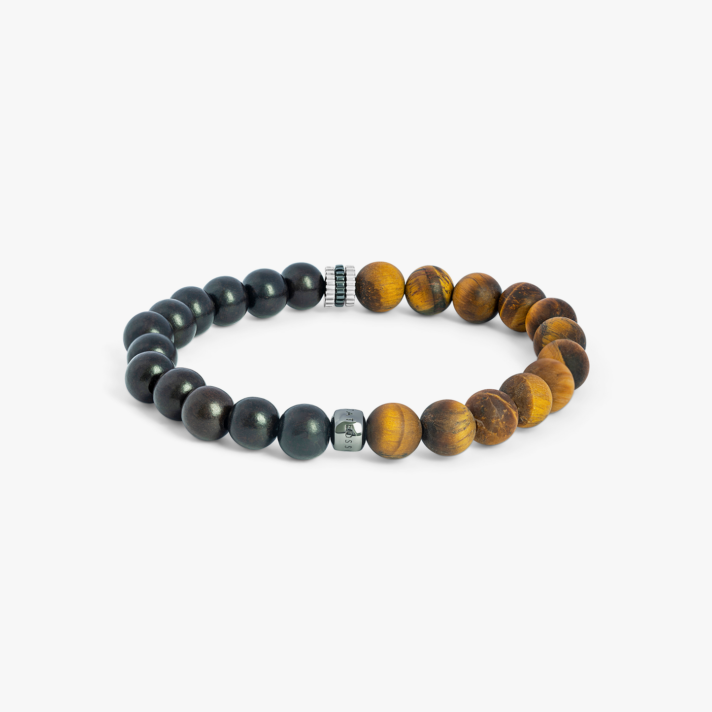 Gear Trio Beaded Bracelet In Rhodium Plated Silver With Ebony Wood & Brown Tiger Eye