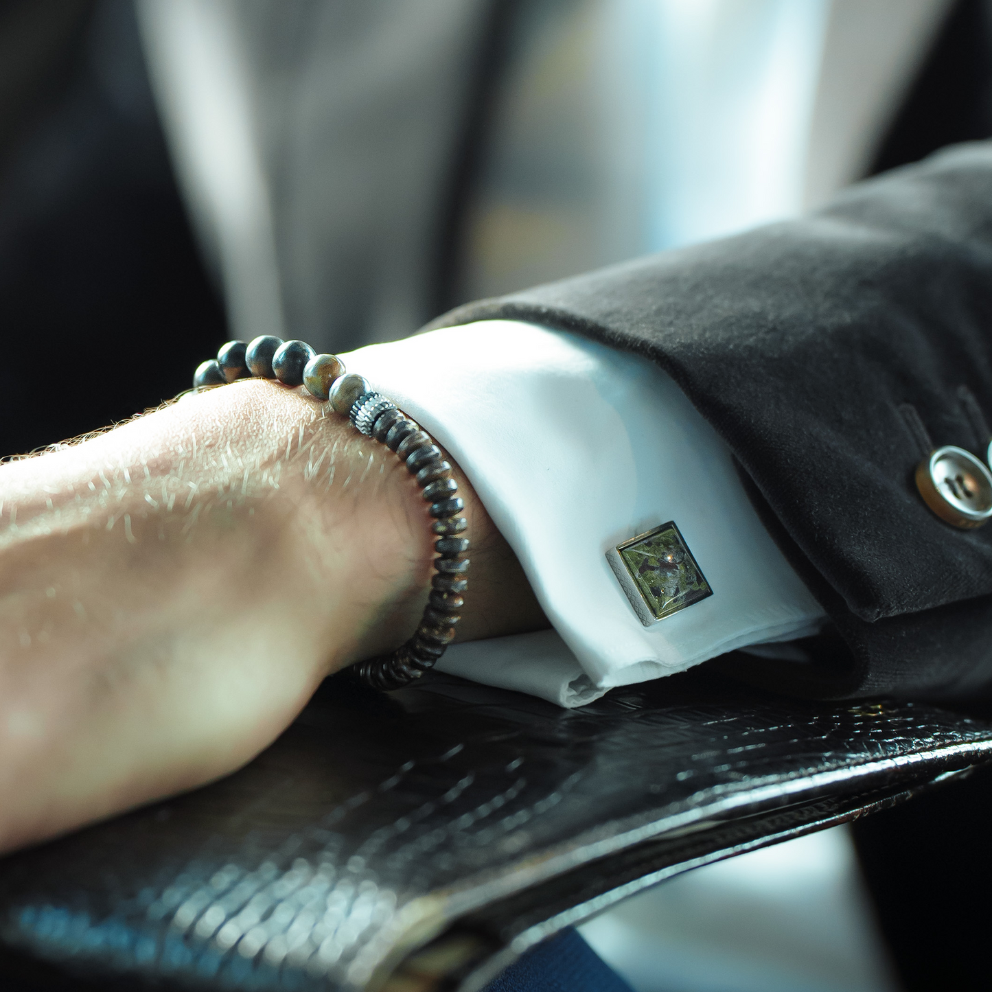 Titanium Classic Cufflinks with Green & Brown Forest Stone