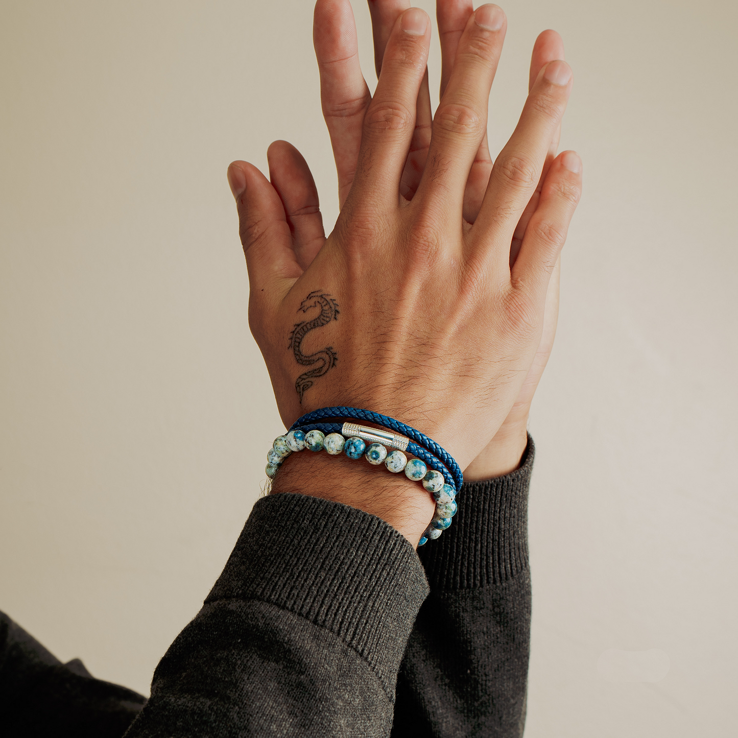 Giza Click Pelle Double Wrap Blue Leather Bracelet in Rhodium Silver