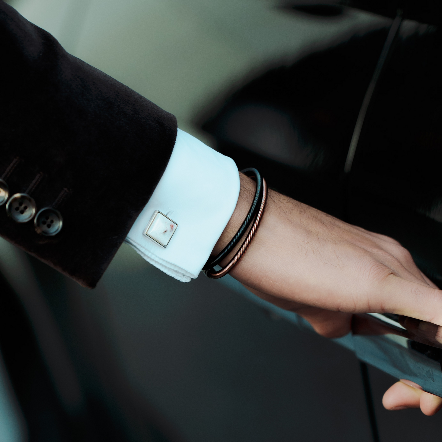 Seta Etched Click Nylon Bracelet in Stainless Steel with Brown Coated Wire