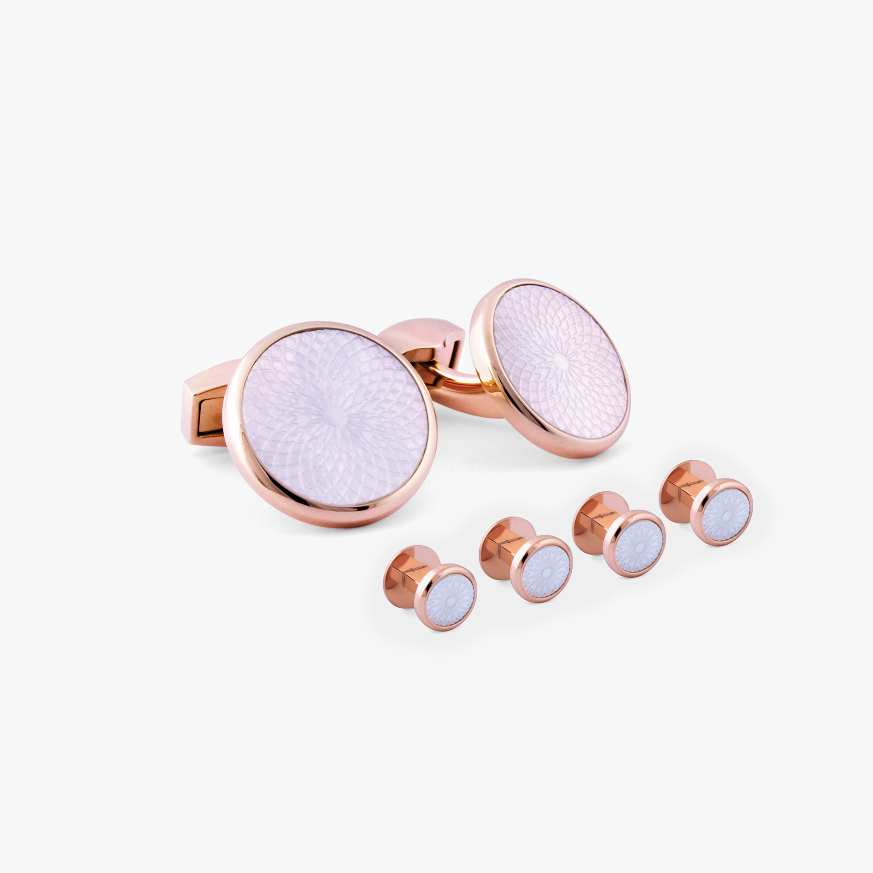 Rotondo Guilloche Stud Set in IP Rose Gold Plated with White Mother of Pearl Tateossian London