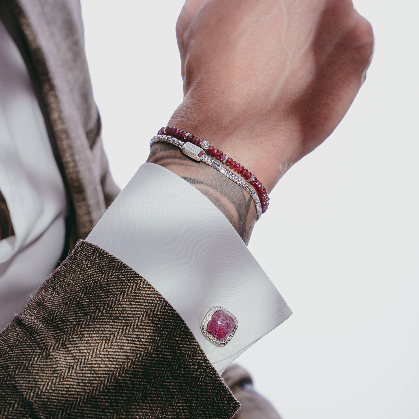 Doppione Cushion Cufflinks With Ruby In Rhodium Silver