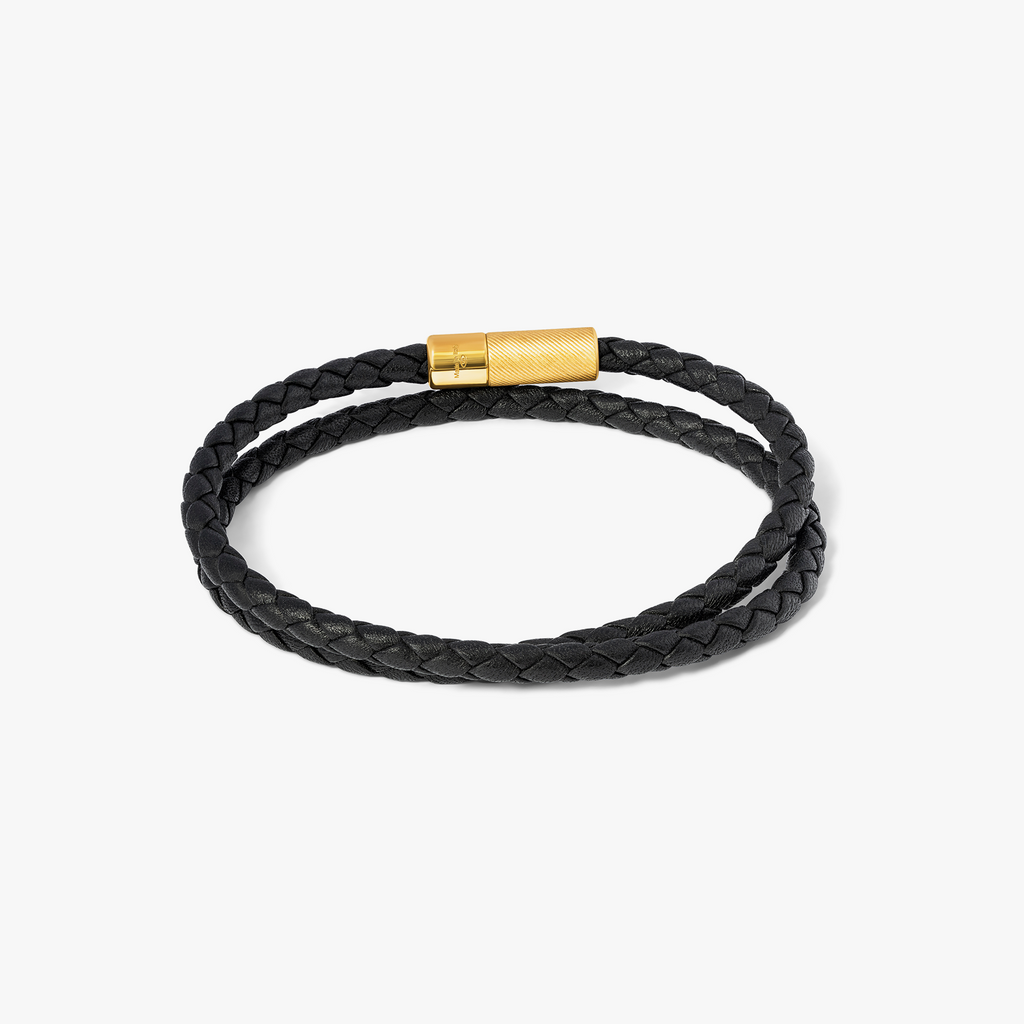 Pop Rigato Double Wrap Leather Bracelet In Black With 18K Yellow Gold