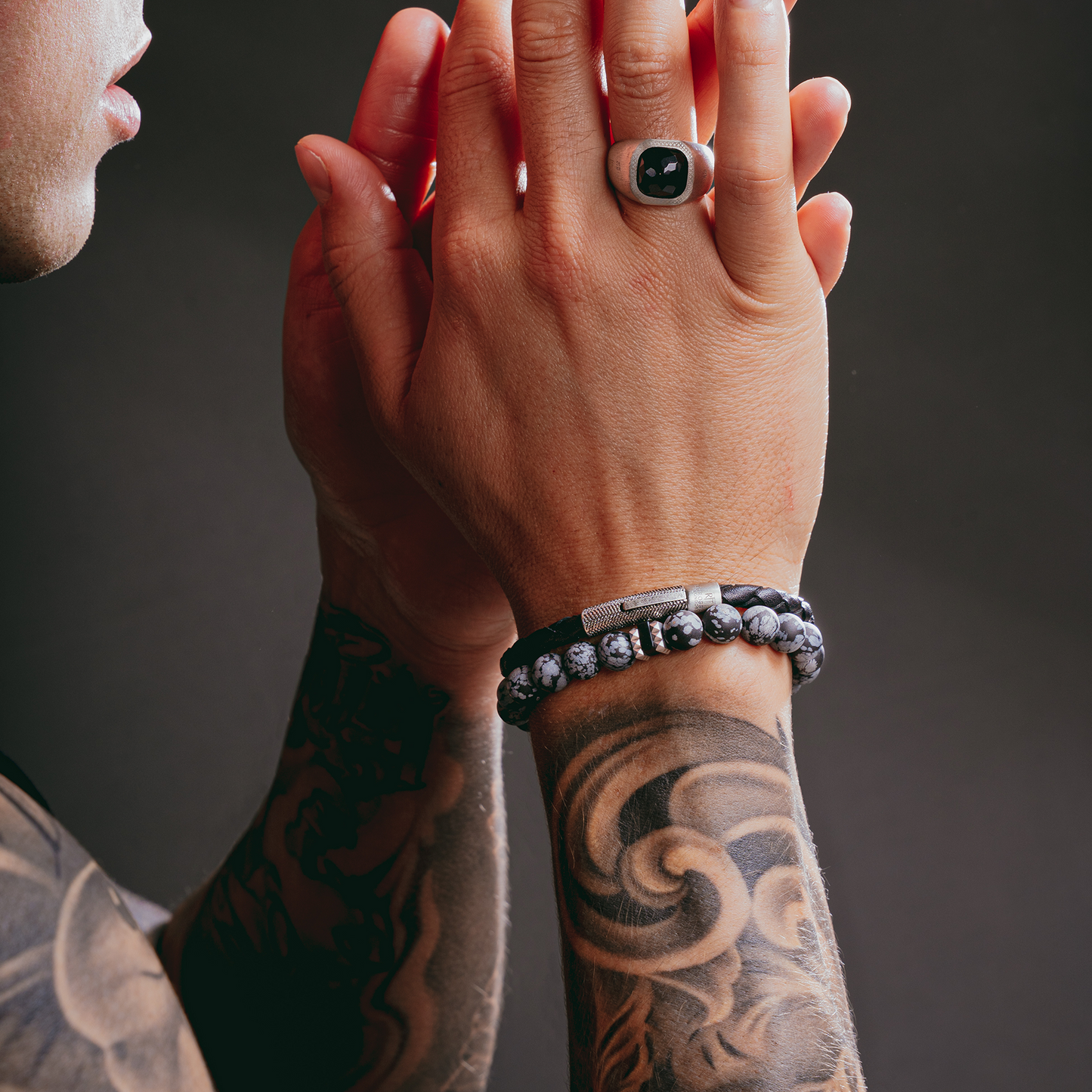 Vintage Herringbone Click Leather Bracelet In Black With Stainless Steel