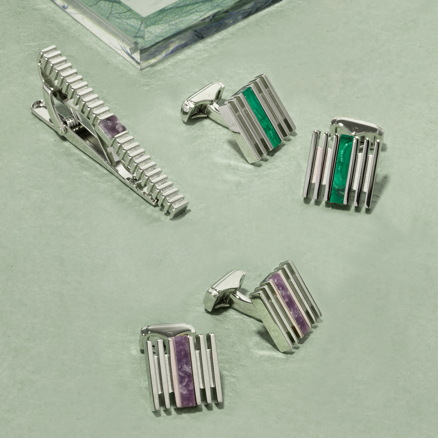 THOMPSON Summer Stripes Bar Cufflinks With Amethyst And Palladium Plated
