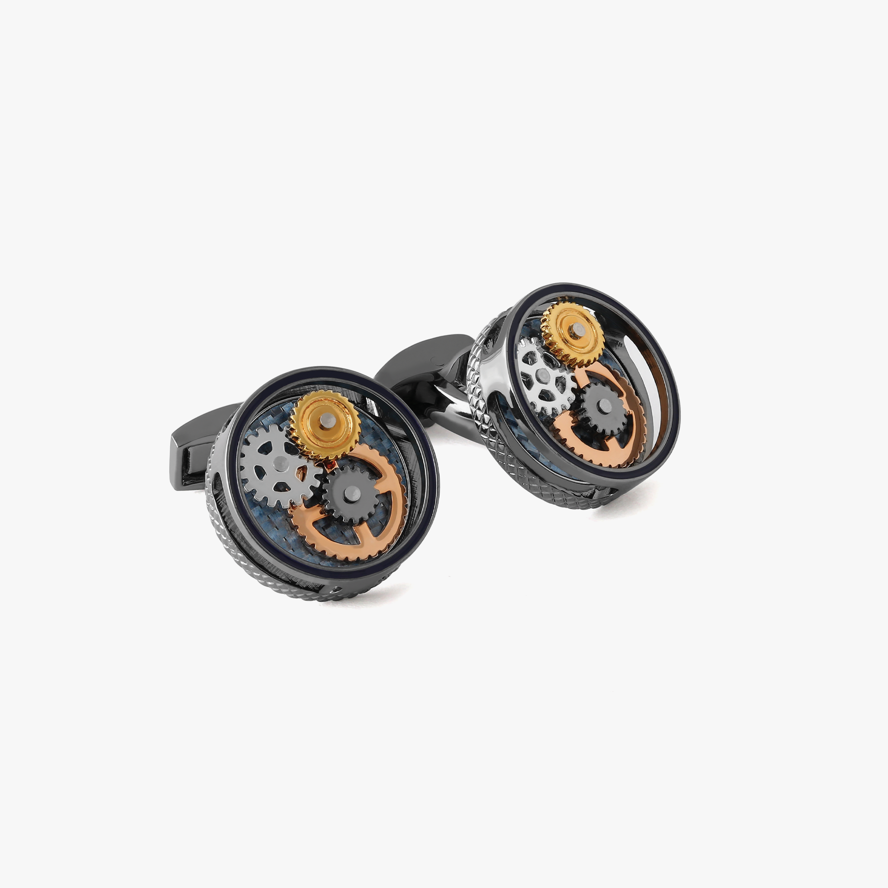 Round Gear Carbon Fibre Cufflinks In Gunmetal Plated Round Gear Carbon Fibre Cufflinks In Gunmetal Plated