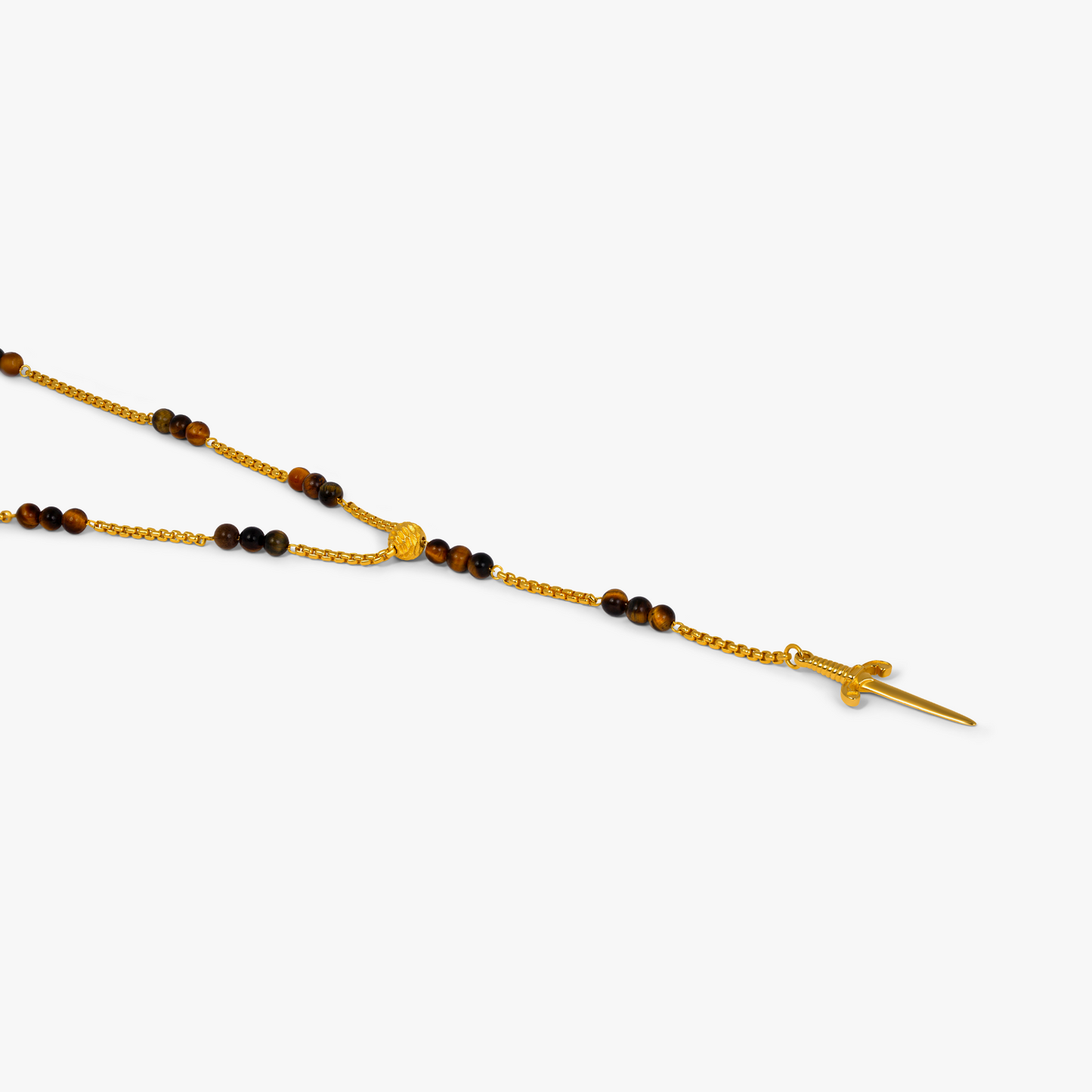 Capri Dagger Rosary Necklace In 18K Yellow Gold Plated Silver With Tiger Eye