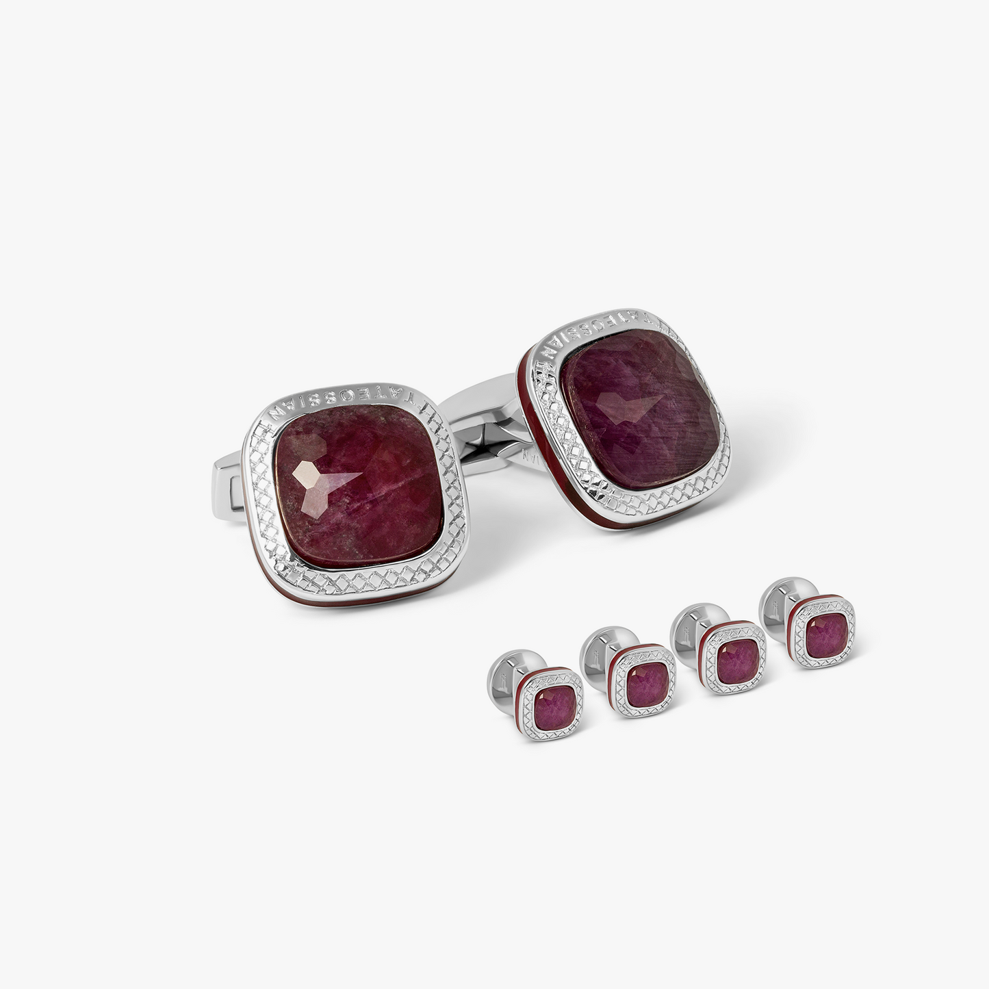 Doppione Cushion Square Cufflinks And Studs Set With Ruby In Rhodium Silver