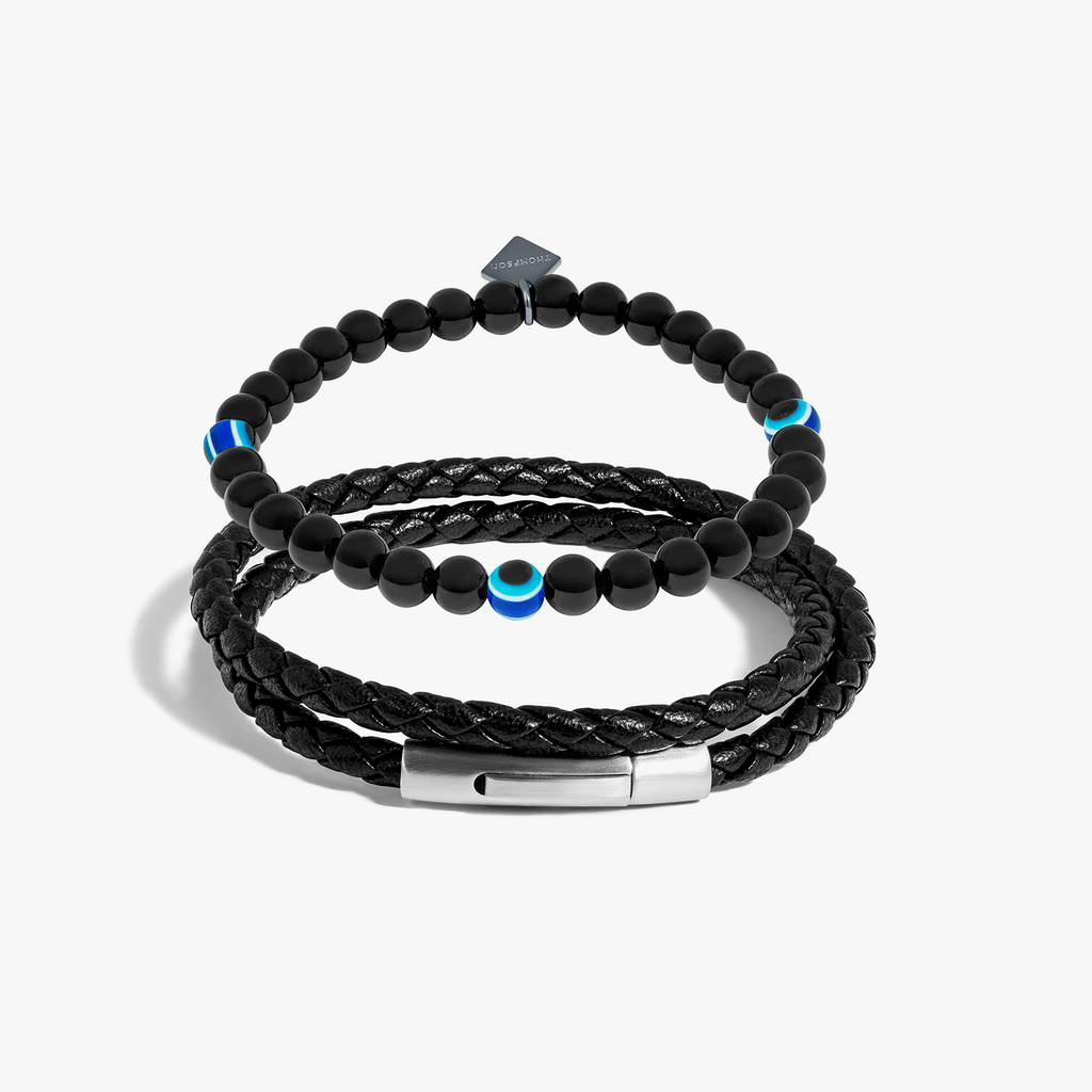 Tateossian Evil Eye Mini Popcorn Eco Leather Bracelet in Black | Size Medium