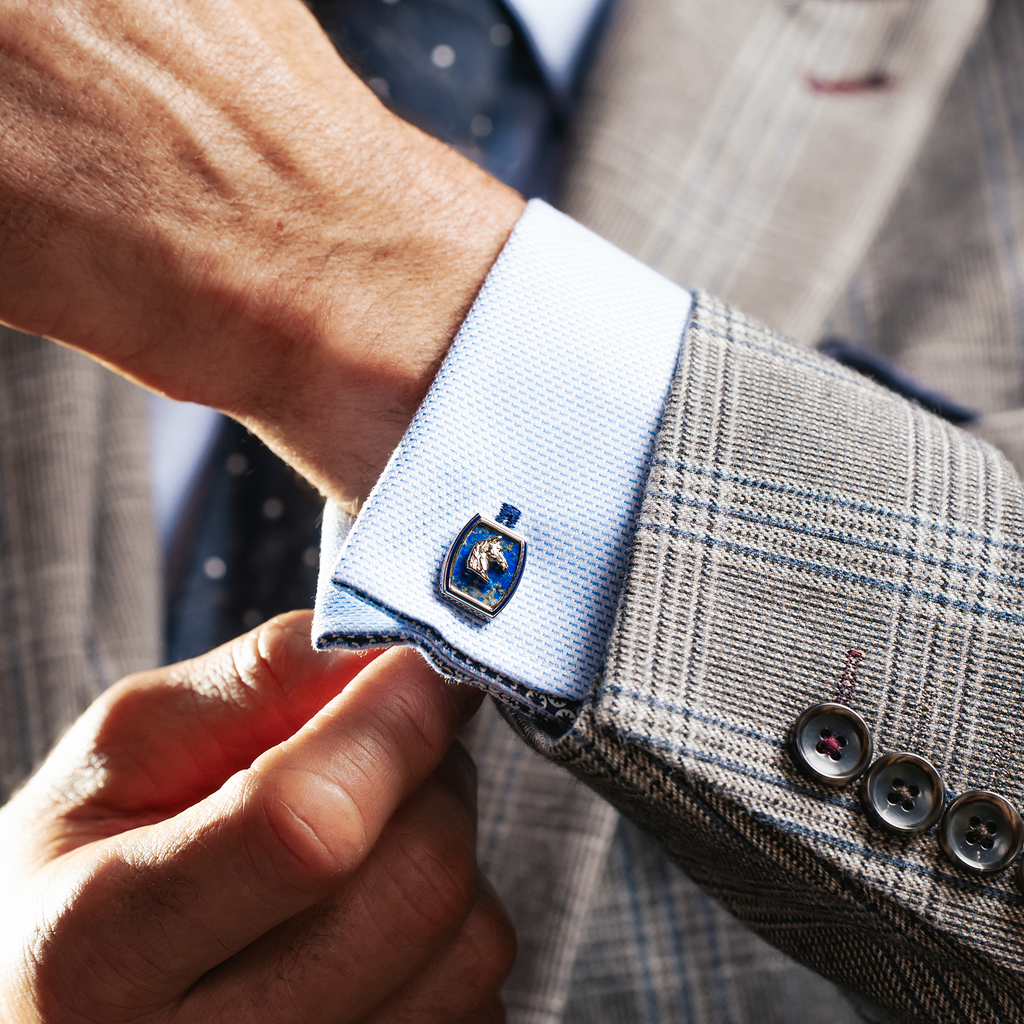 Tonneau Ascot Horse Cufflinks In Palladium Plated Base Metal With Lapis