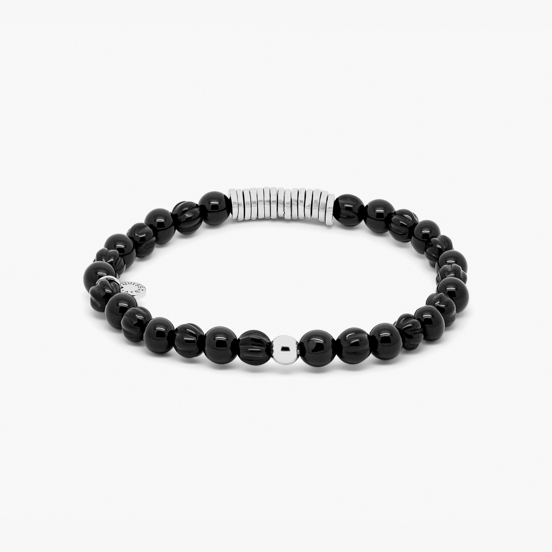 Classic Discs Beaded Bracelet  In Rhodium Plated Silver With Black Agate
