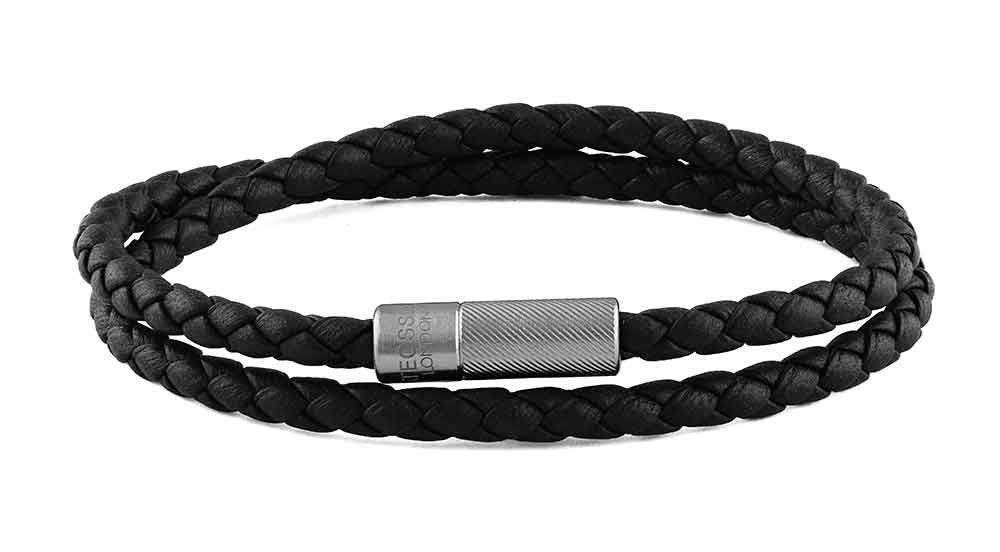 Pop Rigato Pelle Double Wrap Bracelet In Black Leather With Black Ruthenium Silver