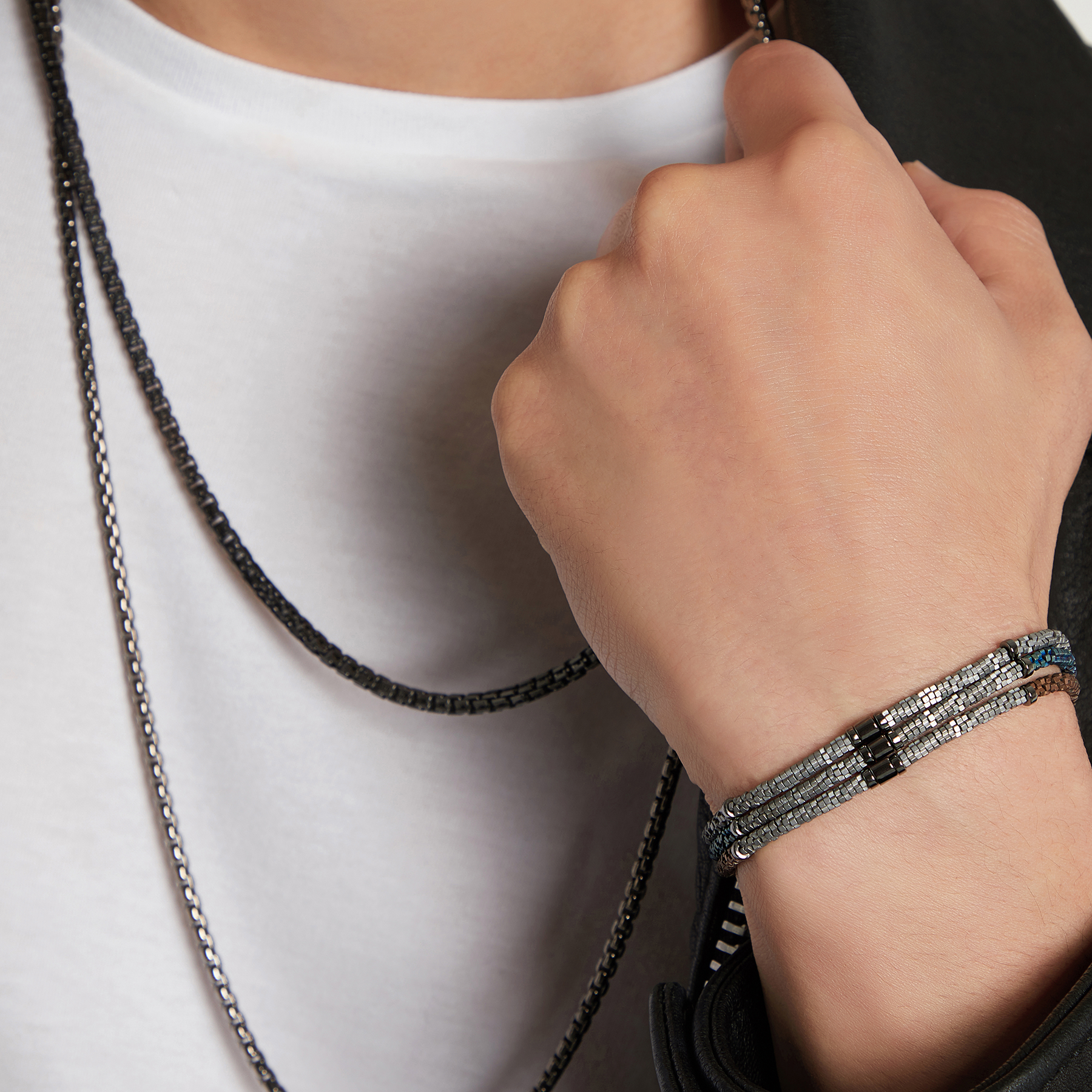 Croce Bamboo bracelet in bronze and silver hematite with sterling silver