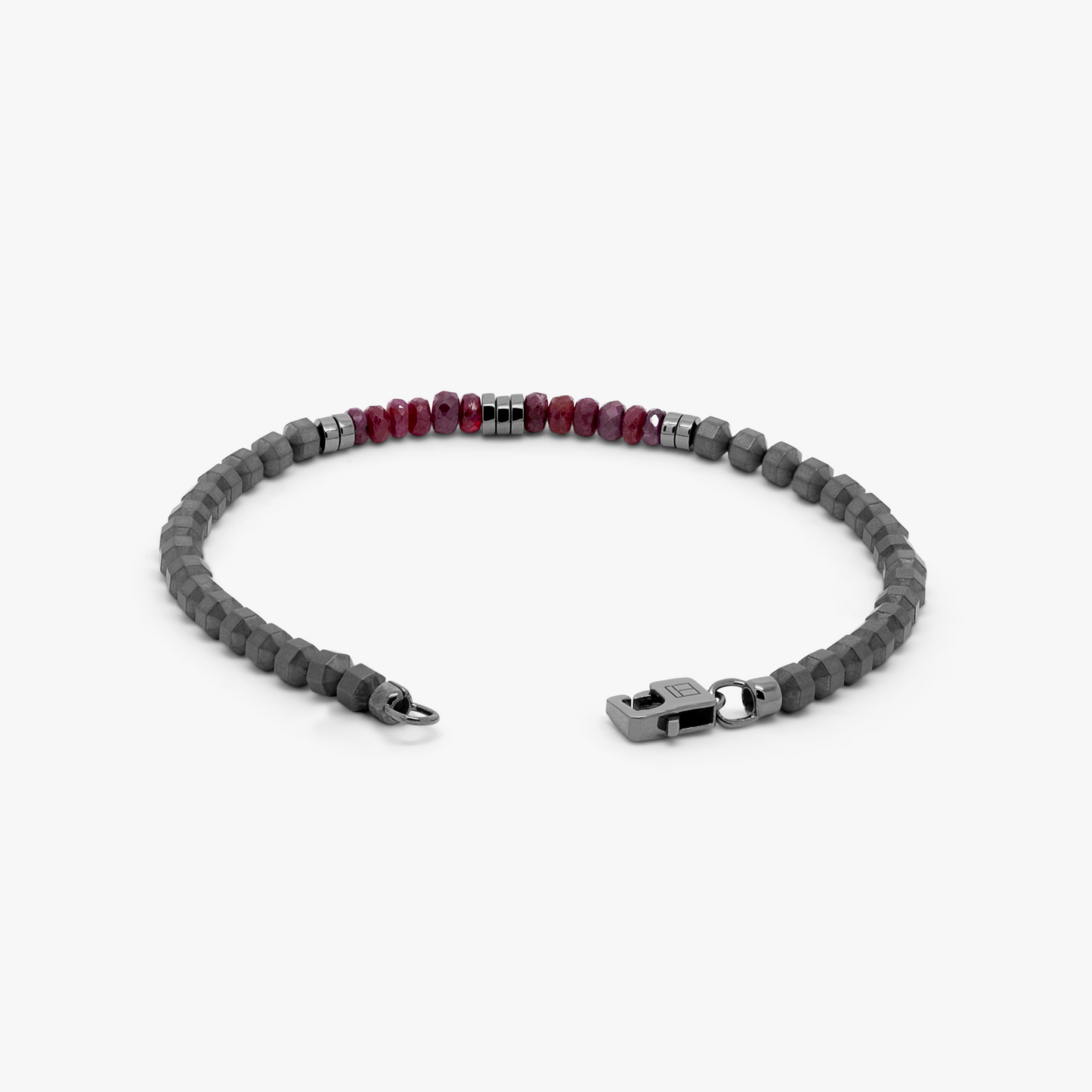 Icosahedron Beaded Bracelet In Black Rhodium Plated Silver With Ruby And Grey Hematite