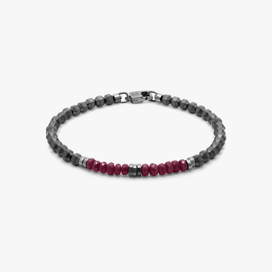 Icosahedron Beaded Bracelet In Black Rhodium Plated Silver With Ruby And Grey Hematite