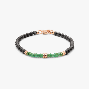 Icosahedron Beaded Bracelet In Rose Gold Plated Silver With Emerald & Grey Hematite