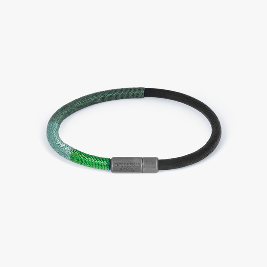 Rainbow Pop bracelet in black leather and green thread wrap with black rhodium plated silver