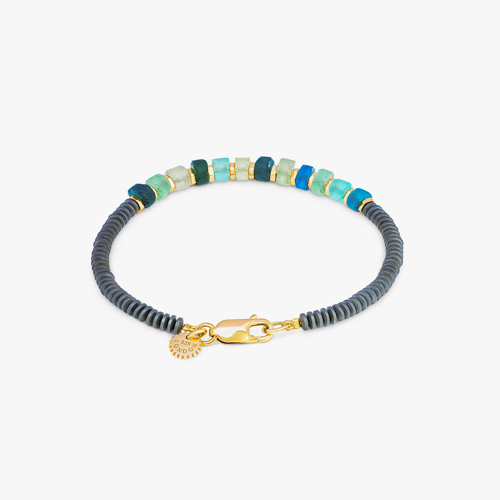 Yellow gold plated sterling silver Hematite Imperial bracelet with Roman glass
