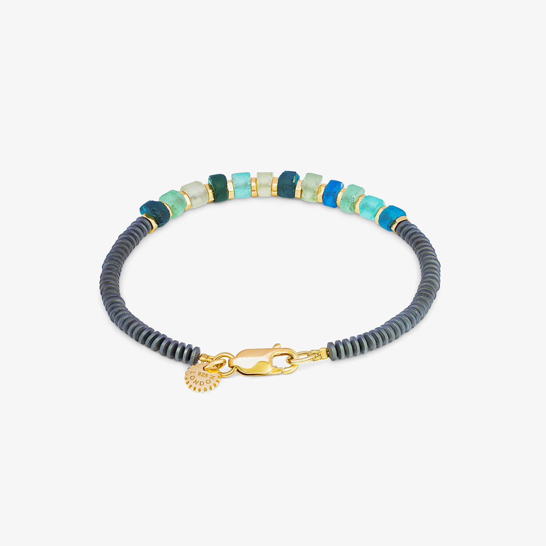 Yellow gold plated sterling silver Hematite Imperial bracelet with Roman glass