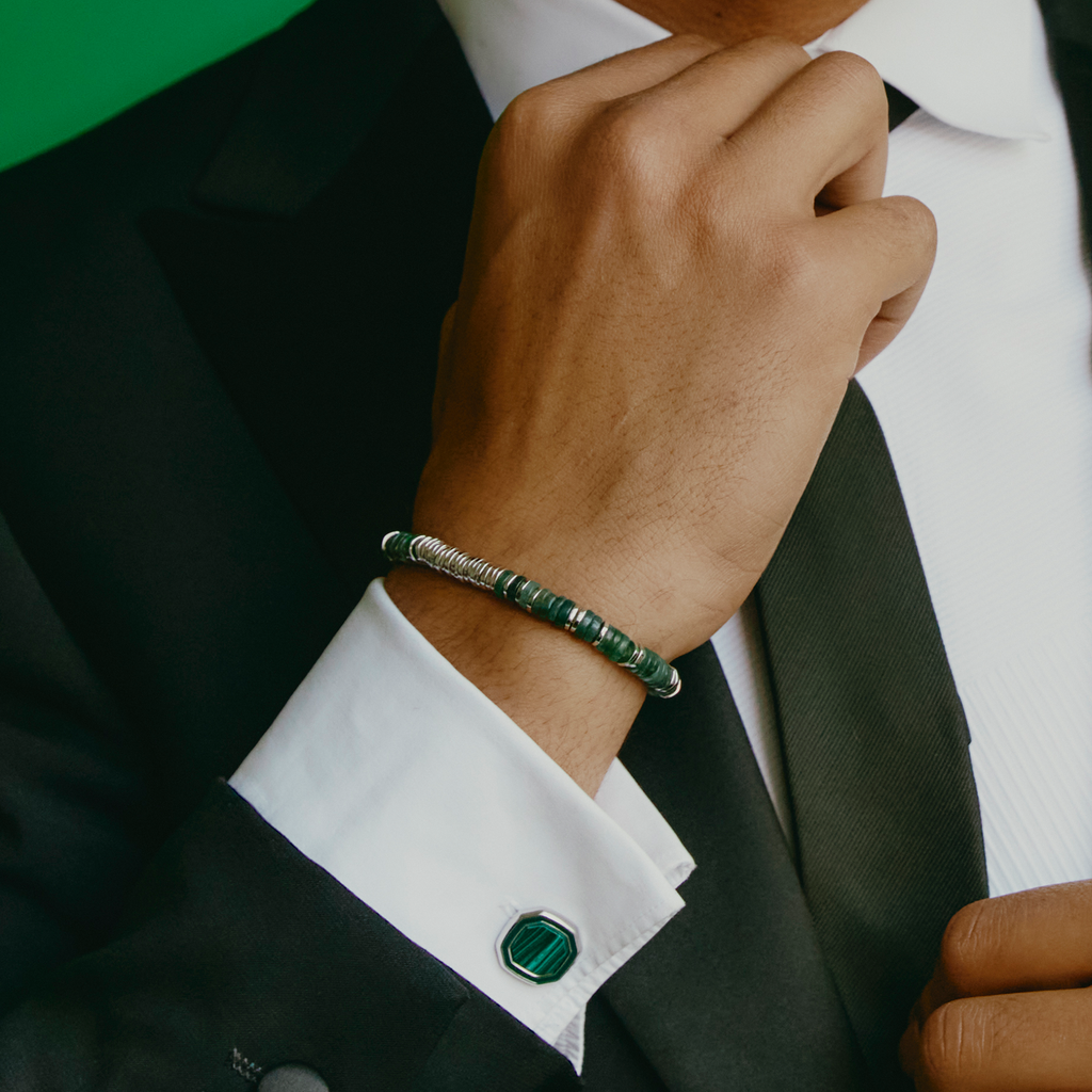 Octagon Semi-Precious Cufflinks With White Bronze plated in Malachite
