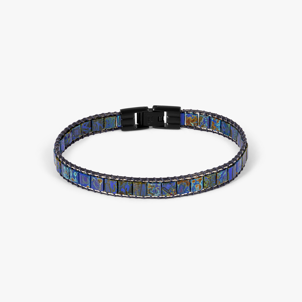 Mosaic Bracelet In IP Black Plated With Blue Glass Beads