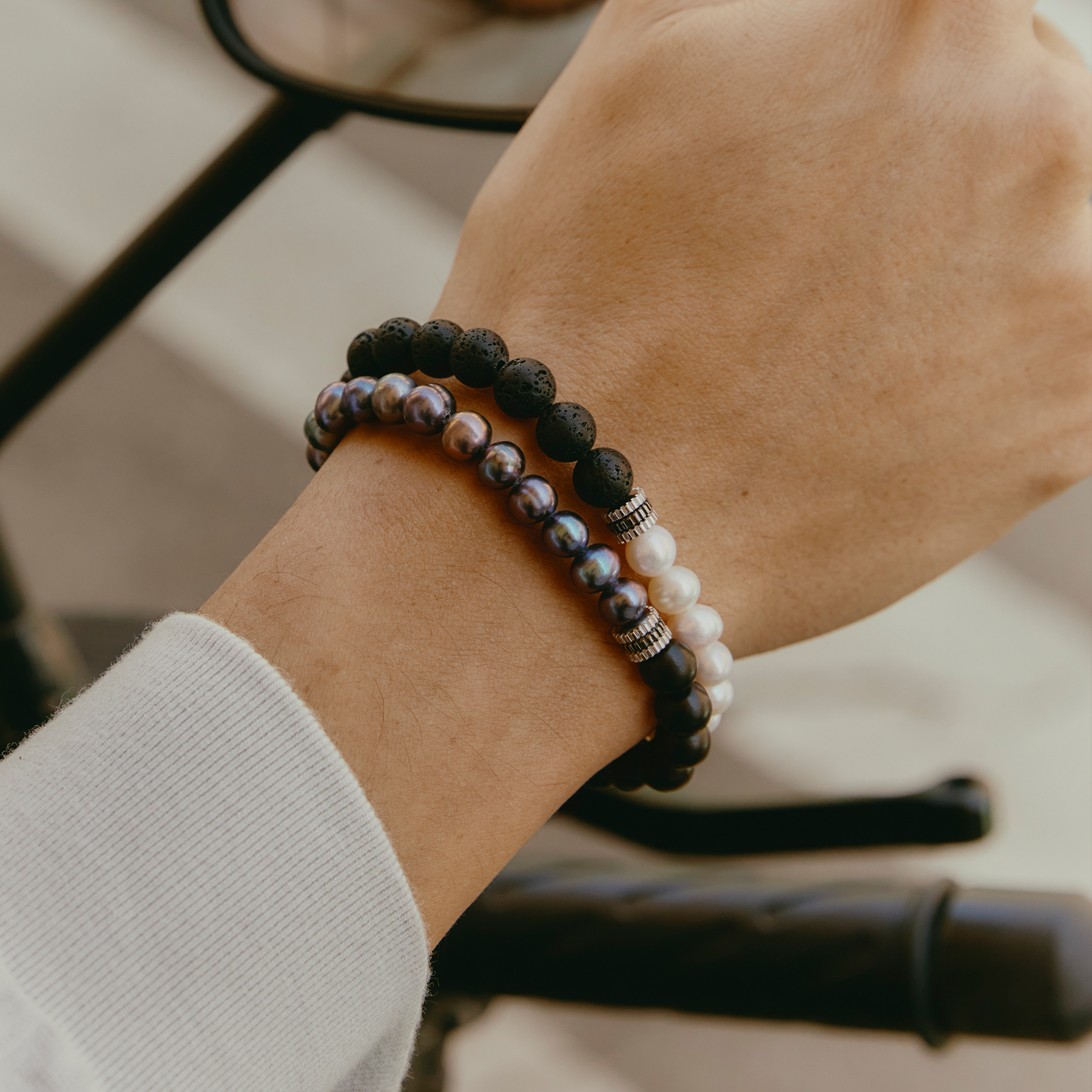 Gear Trio Semi - Precious Bracelet In Ruthenium Plated Silver With