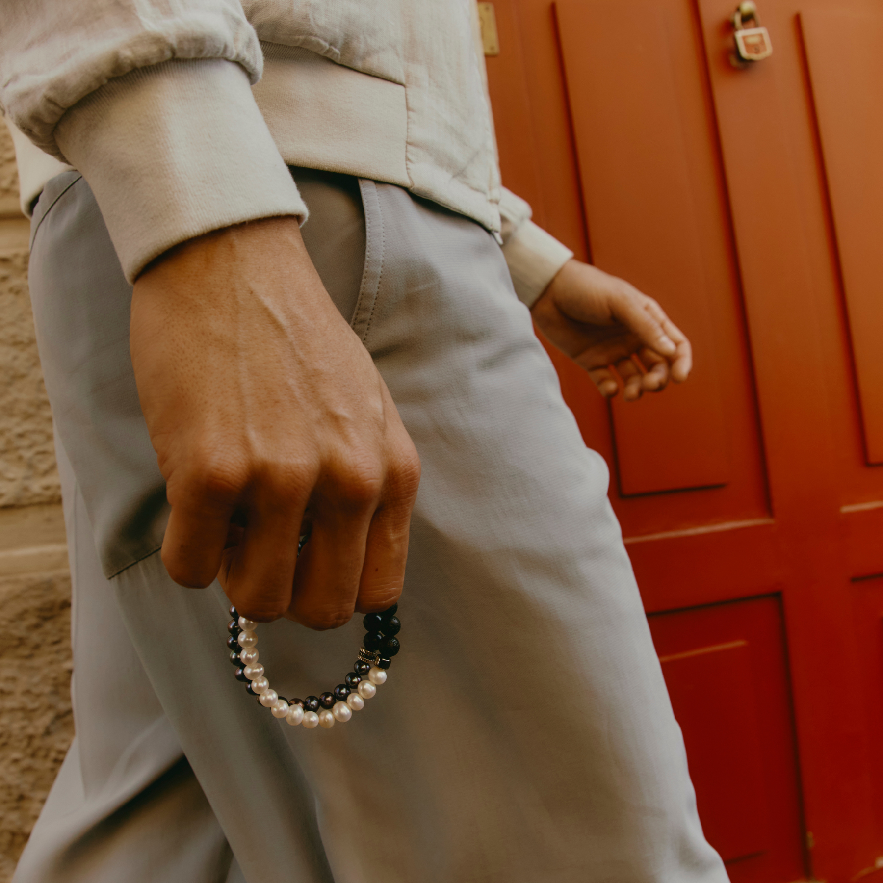 Gear Trio Semi - Precious Bracelet In Ruthenium Plated Silver With Wood Beads & White Pearls