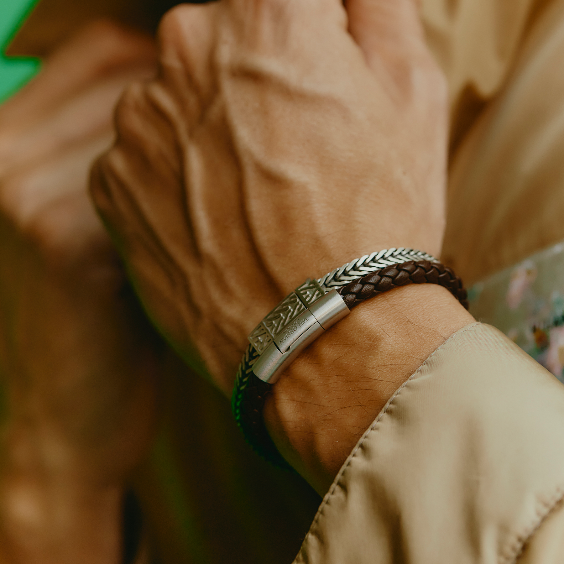 Charles Click Pelle Bracelet In Rhodium & Brown Leather Charles Click Pelle Bracelet In Rhodium & Brown Leather