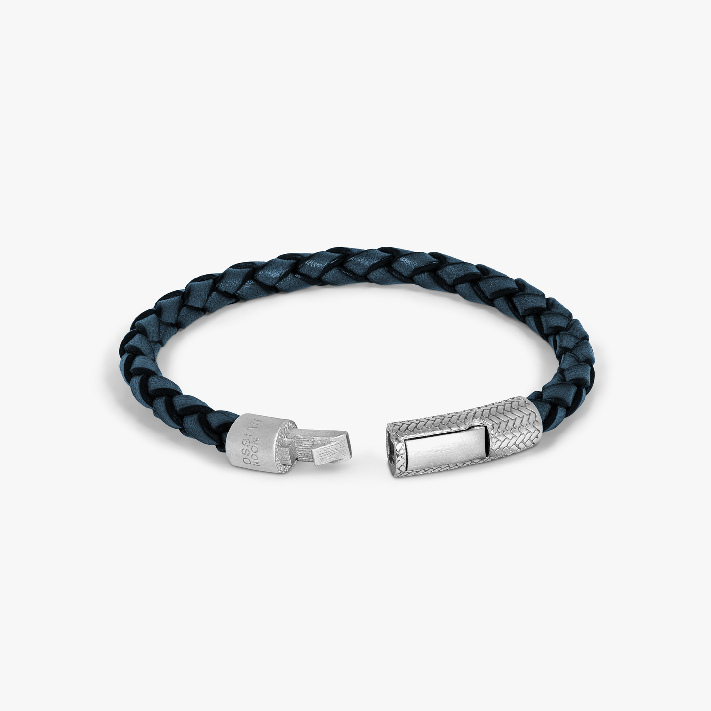 Herringbone Click Pelle Bracelet In Rhodium & Blue Leather