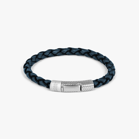 Herringbone Click Pelle Bracelet In Rhodium & Blue Leather