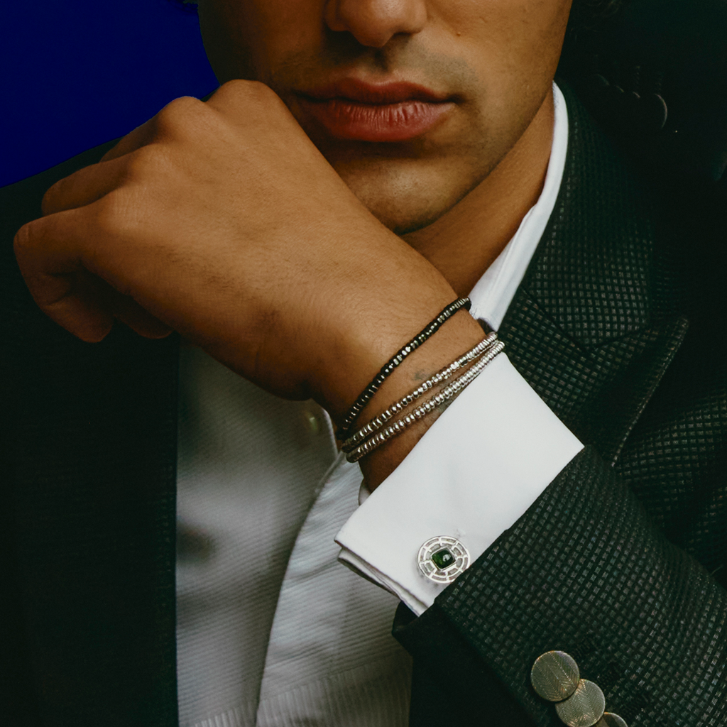 Satellite Cufflinks in Green Tourmaline and Rhodium Plated Sterling Silver