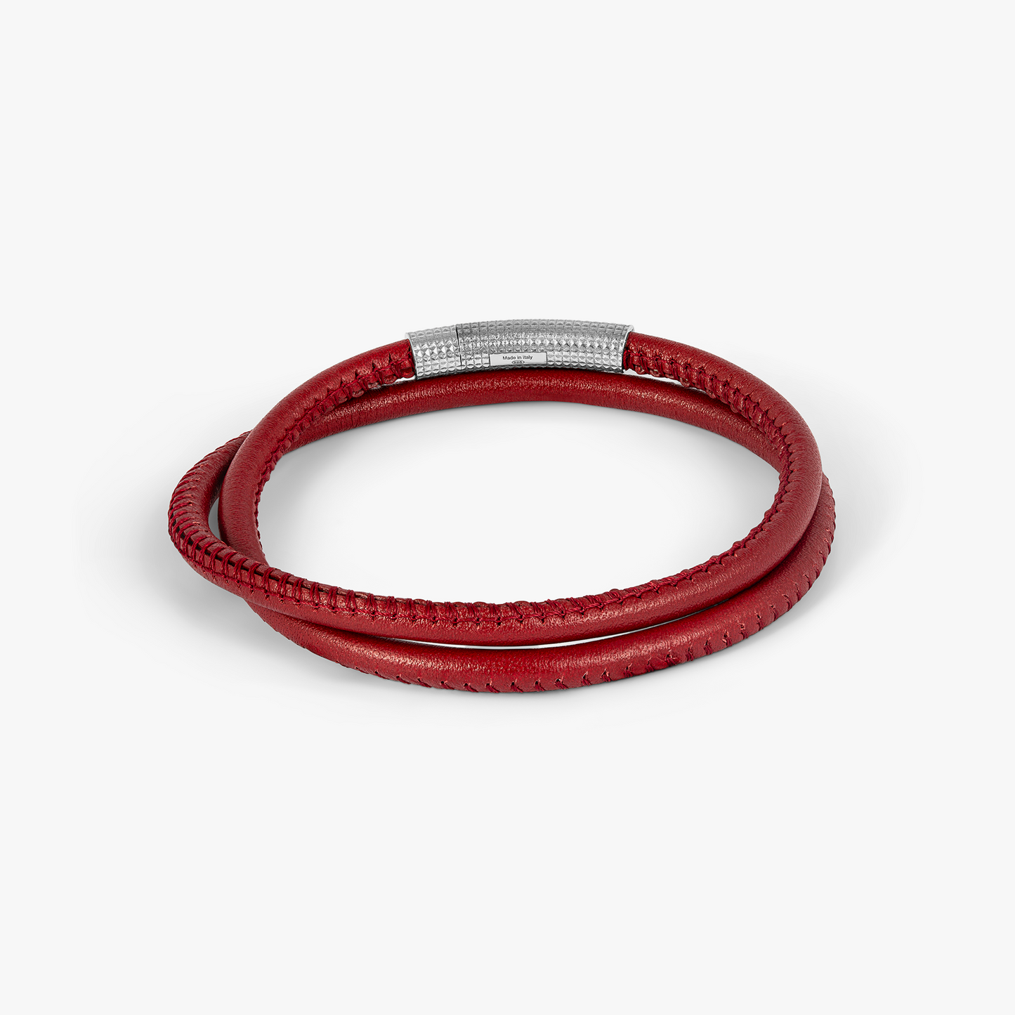 Giza Click Stitch Pelle Bracelet In Rhodium Plated Silver & Red Leather