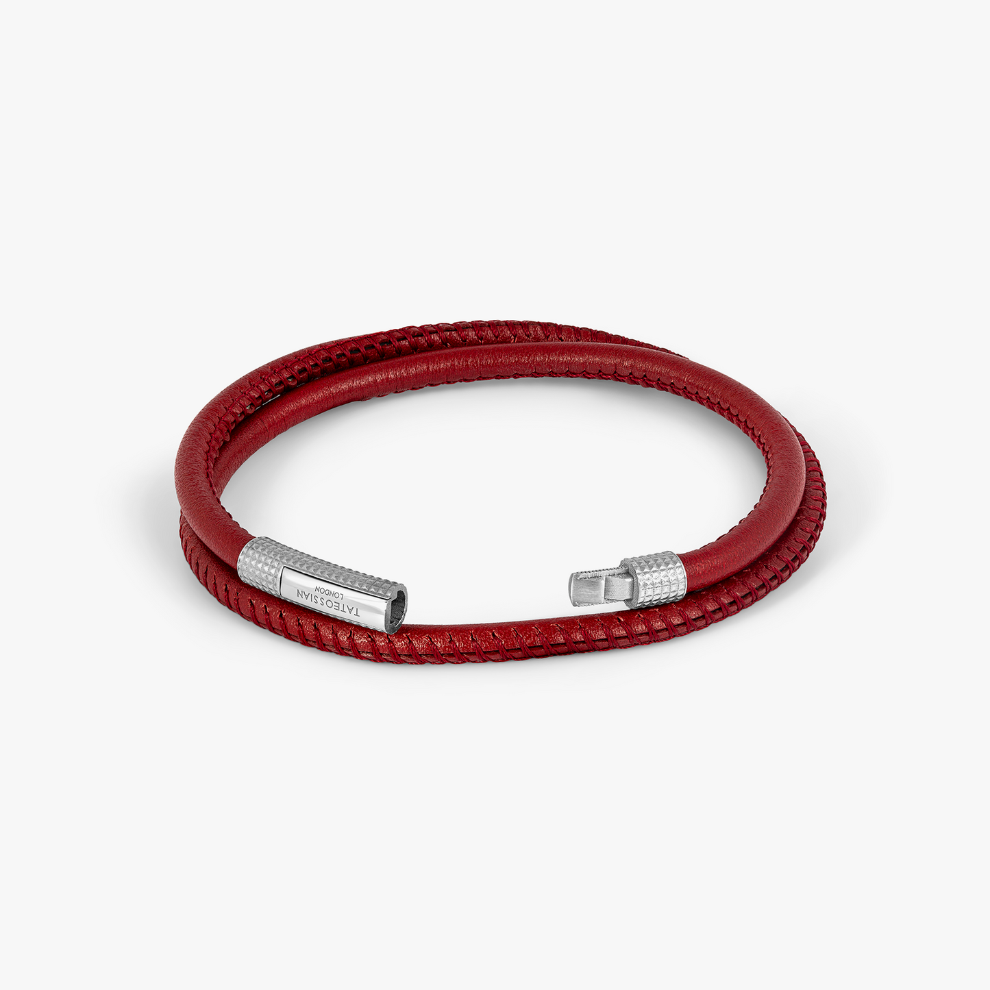 Giza Click Stitch Pelle Bracelet In Rhodium & Red Leather