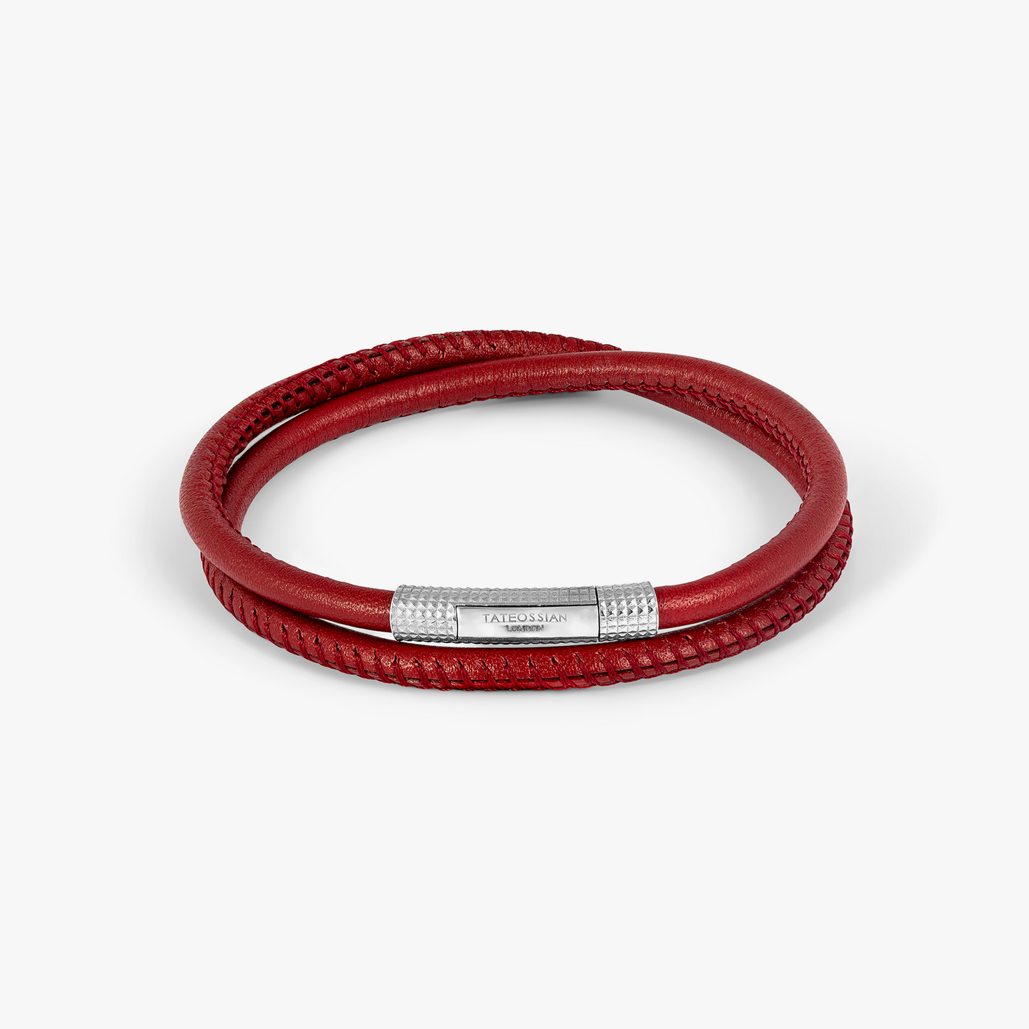 Giza Click Stitch Pelle Bracelet In Rhodium & Red Leather