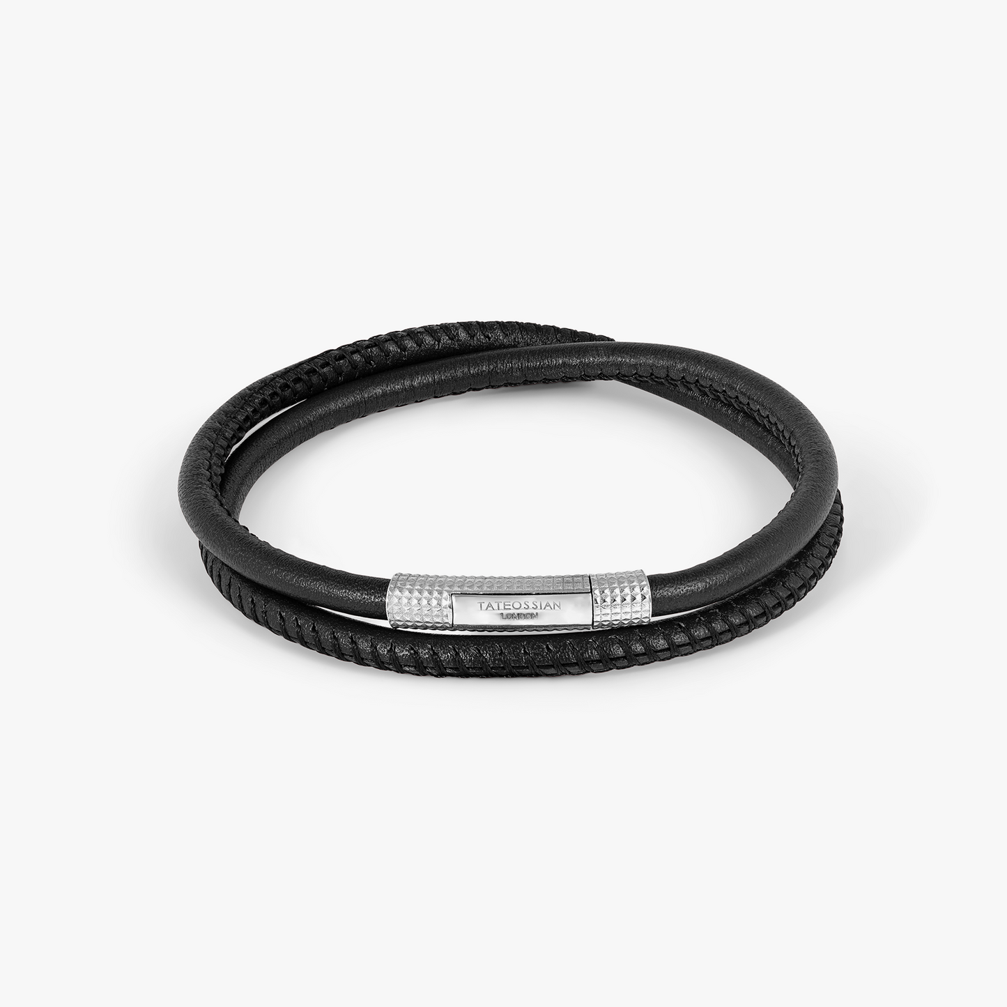 Giza Click Stitch Pelle Bracelet in Rhodium and Black Leather