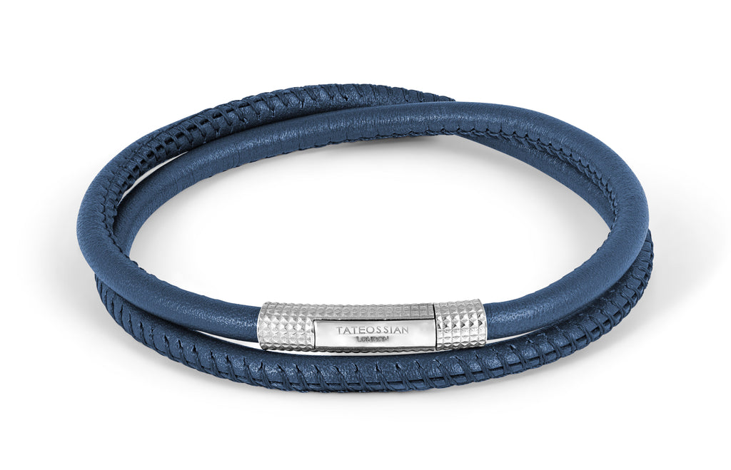 Octagon Click Pelle Bracelet In Rhodium Plated Sterling Silver With Navy Leather