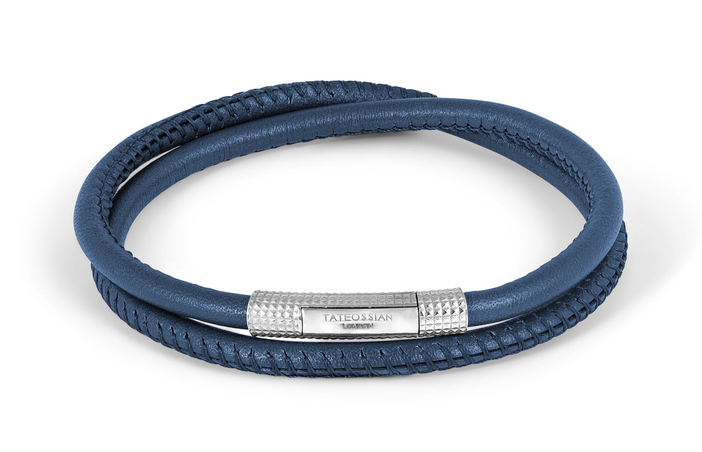 Octagon Click Pelle Bracelet In Rhodium Plated Sterling Silver With Navy Leather